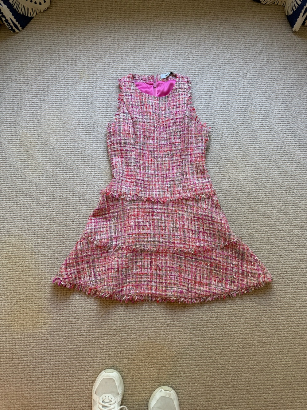 Likely Pink Tweed Tiered Midi Dress
